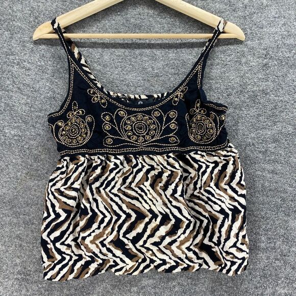 Angie Top Women M Medium Black Geometric Sleeveless Round Neck Wide Strap Rayon - Picture 1 of 6